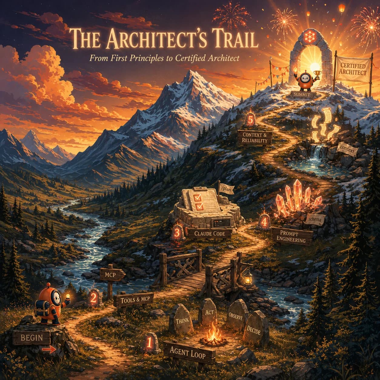 The Architect's Trail: a small orange Loop mascot at a wilderness trailhead, with five glowing landmarks along a winding path that climbs to a snow-capped summit where a second mascot celebrates beneath fireworks at sunset.