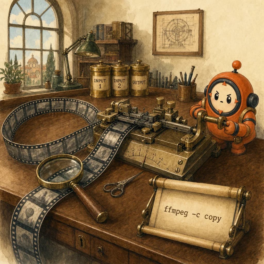 Painterly watchmaker's bench: a strip of celluloid film threaded through a brass splicing tool; a small terminal-scroll shows ffmpeg -c copy.