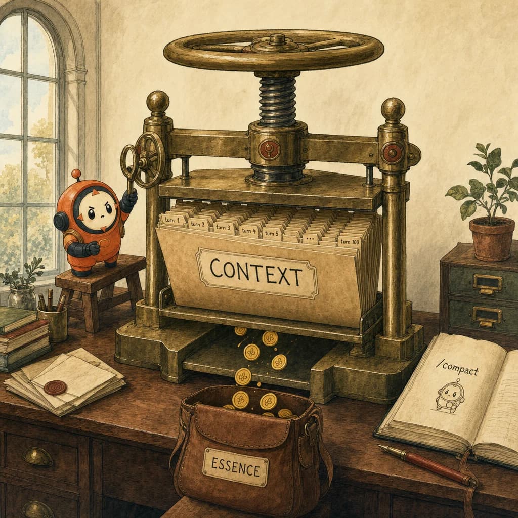 Painterly walnut desk with a brass mechanical archival press compressing an over-stuffed accordion file folder labelled CONTEXT.