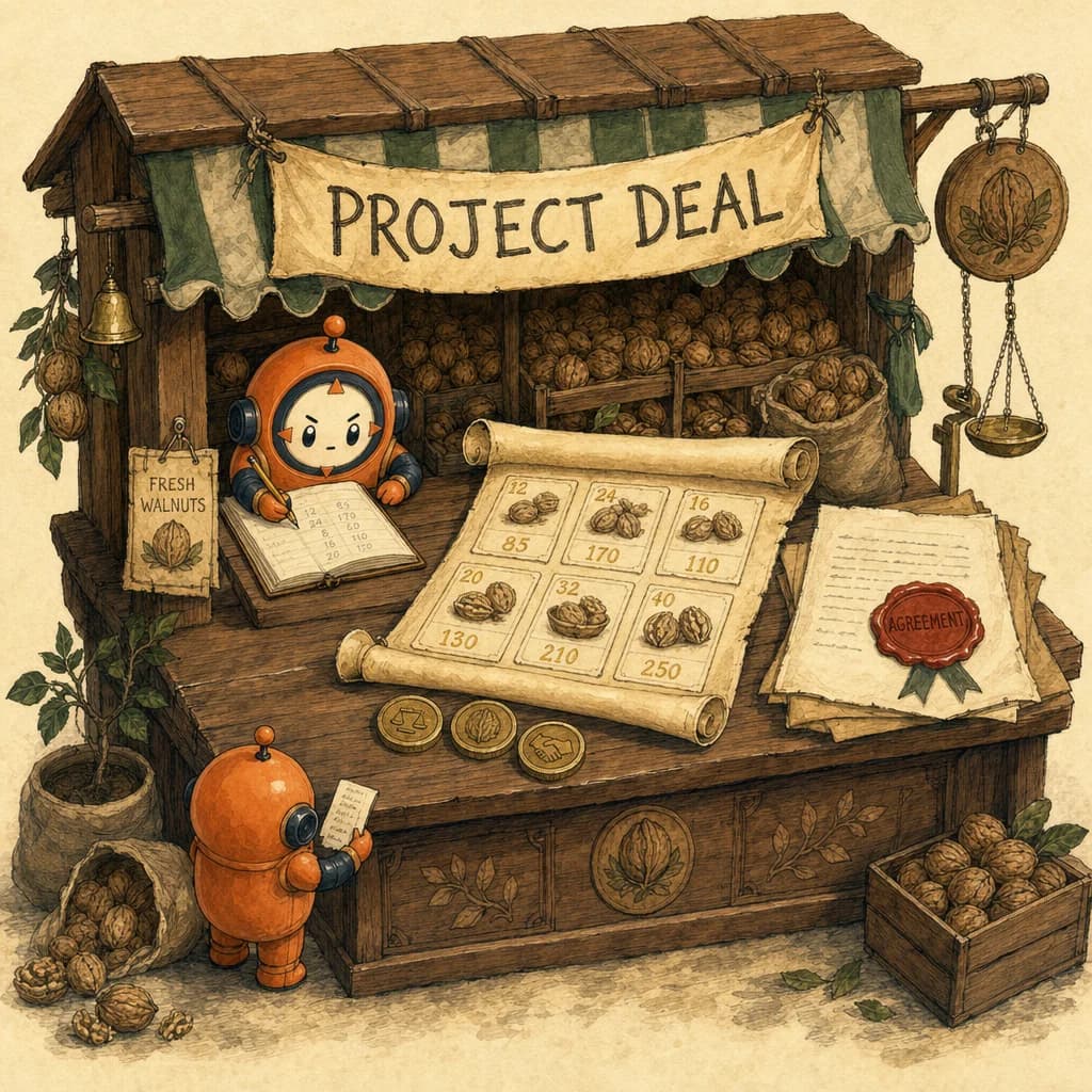Painterly walnut market-stall scene: a Loop behind a Project Deal storefront, brass coins and a wax-sealed contract on the counter.