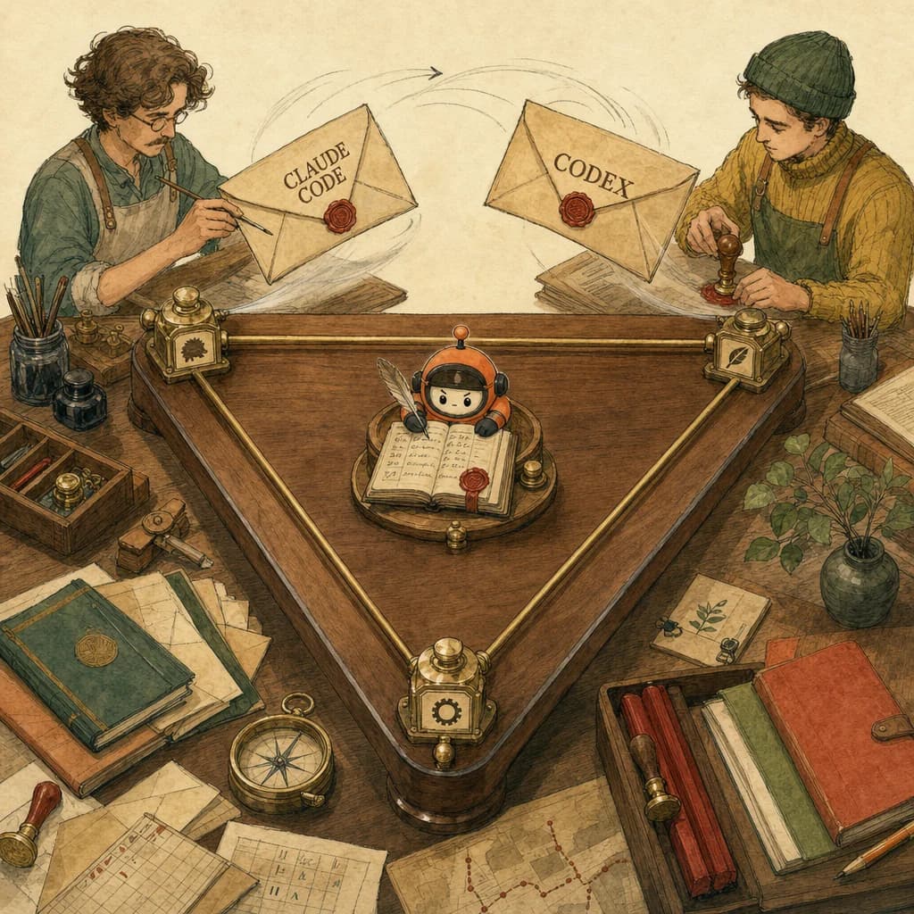 Painterly walnut relay desk: two sealed envelopes labelled Claude Code and Codex passing between three Loops; the central Loop signs a coordination ledger.