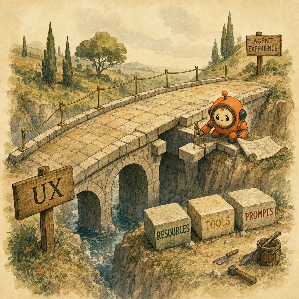 Painterly stone bridge under construction across a small ravine; signposts read UX and AGENT EXPERIENCE; three labelled stones (resources, tools, prompts) wait to be laid.