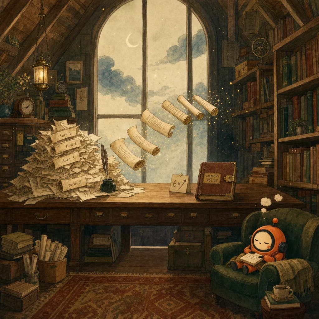Painterly moonlit attic library. A dusty pile of unrolled parchment transcripts drifts upward, edges trimming and compressing as they move, settling on the right as a single small leather-bound ledger with a brass clasp labelled MEMORY POLICY. A small Loop sleeps curled in a low armchair holding a half-written index card.