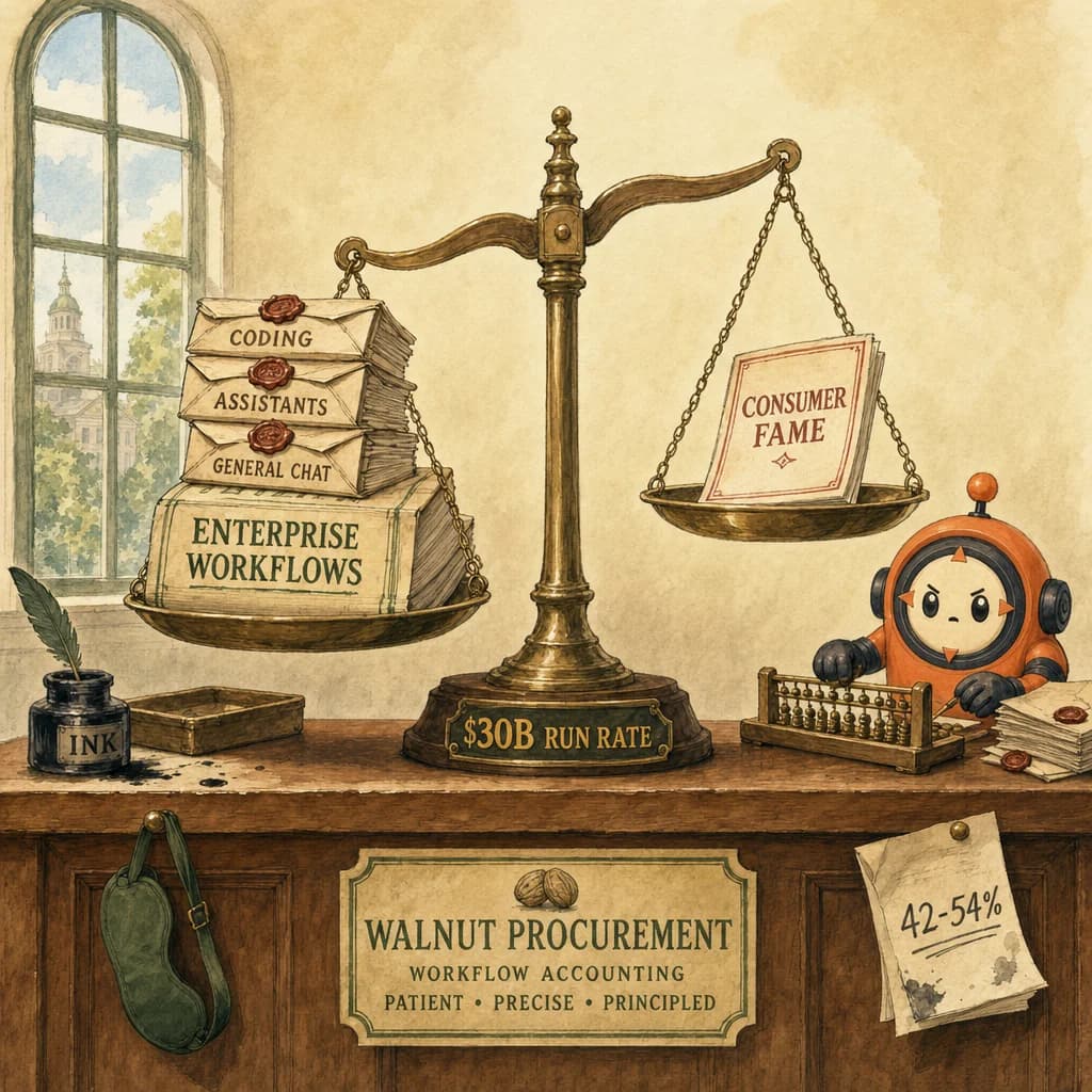 Painterly walnut procurement counter. A brass balance scale weighs a thick forest-green-stamped ENTERPRISE WORKFLOWS ledger against a thinner brick-red CONSUMER FAME ledger. Stacks of wax-sealed work-order envelopes labelled CODING, ASSISTANTS, GENERAL CHAT pile on the heavier side. Loop in ink-stained gloves works a brass abacus.