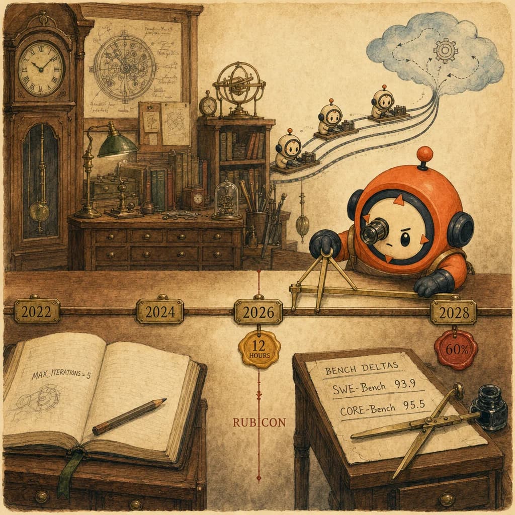 Painterly walnut horologist's atelier. A long brass-marked timeline runs from 2022 (left) to 2028 (right) with a wax-seal milestone at 12 HOURS in the middle. An ink-drawn Rubicon threshold halfway across. Tiny subagent figurines on parallel rails. Loop the chronicler measures with brass calipers.