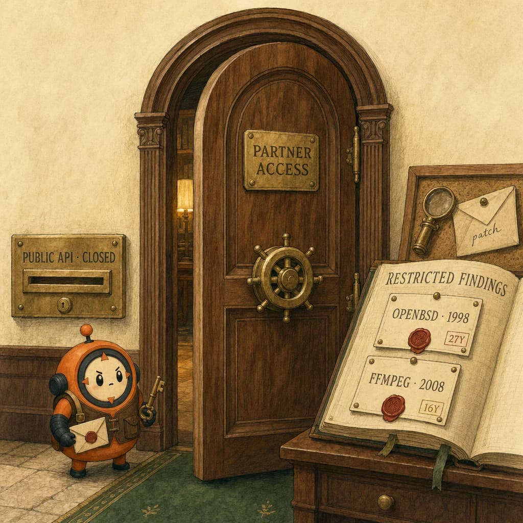 Painterly walnut vault doorway labelled PARTNER ACCESS in brass letters, with a parchment ledger of restricted findings on a side table. Two specimen-cards pinned to a corkboard: OPENBSD 1998 and FFMPEG 2008. Loop the archivist holds a brass key and a sealed envelope.