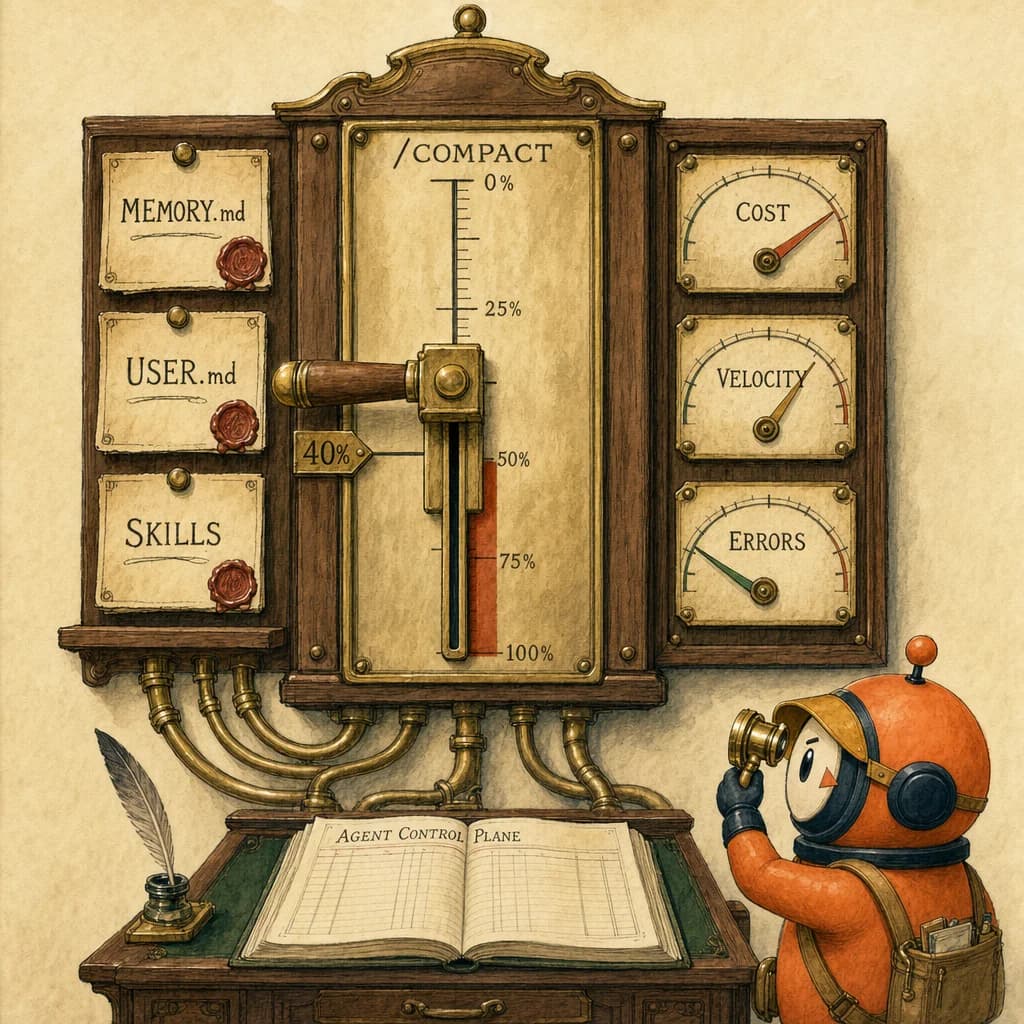 Painterly Edwardian dispatcher's panel with a brass /compact slider locked at 40%, three wax-sealed instruction cards labelled MEMORY.md / USER.md / SKILLS, and a gauge wall feeding cost dashboards. Loop in a clerk's eye-shade reads the cost gauge.