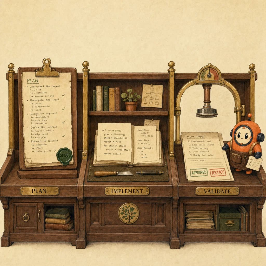 Painterly walnut three-station workbench. Station 1 (Plan): a parchment markdown spec on a clipboard. Station 2 (Implement): tools and a draft codebase. Station 3 (Validate): an inspector at a brass review gate with a stamp. Loop in apron at the review gate.