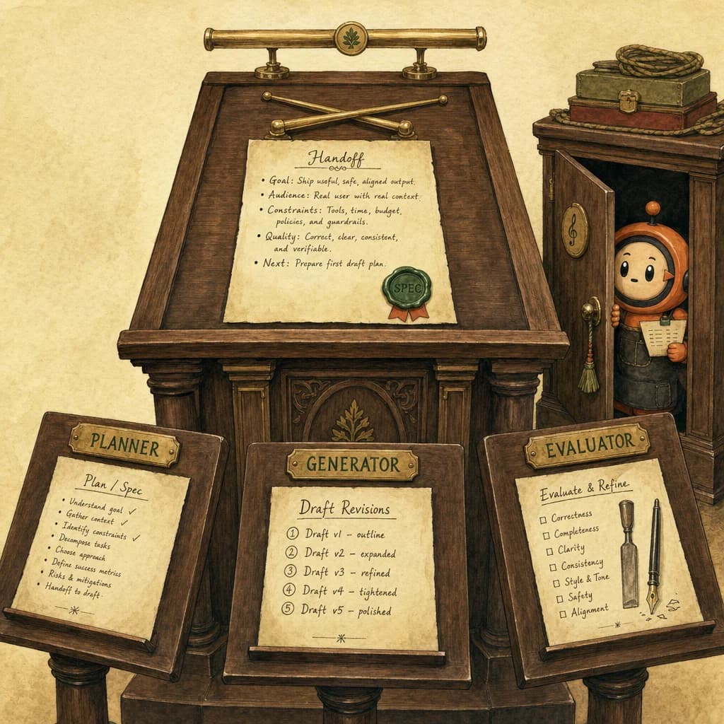 Painterly walnut orchestrator's pavilion. A central conductor's podium with brass batons. Three subordinate music stands arranged in an arc labelled PLANNER, GENERATOR, EVALUATOR. A parchment handoff card rests on the conductor's stand. Loop in a small dark-walnut stagehand cabinet to the side.