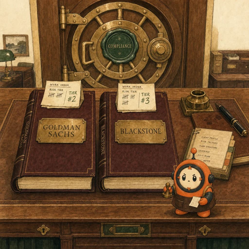 Painterly walnut trading-floor desk with two brass-stamped ledgers labelled Goldman Sachs and Blackstone, a forest-green compliance vault door behind them, and Loop as a small inspector at the desk holding a review stamp.