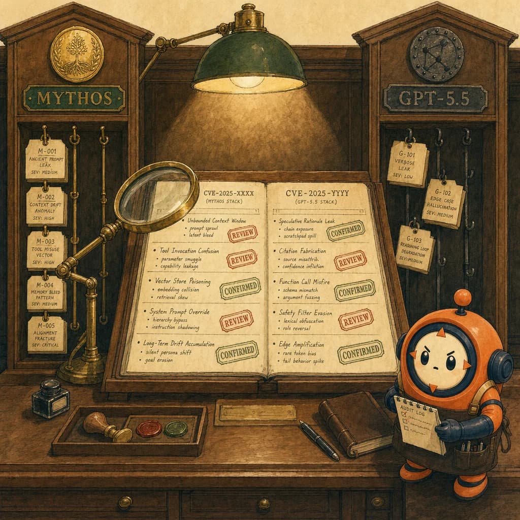 Painterly walnut crime-lab investigation desk. Left cabinet labelled MYTHOS with a brass medallion; right cabinet labelled GPT-5.5 with a tarnished iron medallion. A parchment CVE dossier open in the centre, stamped in red and green. A brass magnifying glass on a swivel arm. Loop, a small forensic note-taker, stands at the side with a parchment audit log.