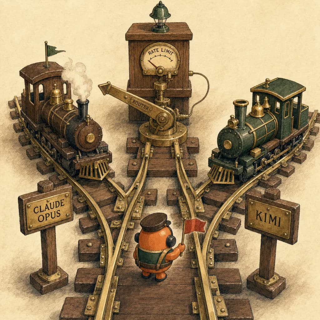 Painterly walnut railway switching-yard with two brass tracks merging at a junction signal box. Track A labelled CLAUDE OPUS carries a deep-walnut locomotive. Track B labelled KIMI carries a forest-green locomotive. A brass router-arm at the switch reads ROUTER, deciding flow based on a small parchment RATE LIMIT gauge. Loop the signalman stands subordinate at the switch with a flag.