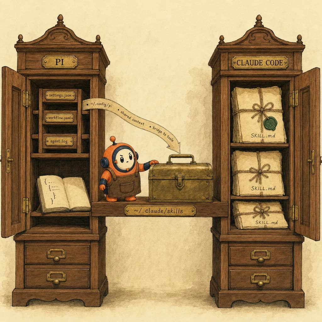 Painterly editorial illustration: two-cabinet walnut workshop with a labeled shelf bridging the cabinets, holding a shared toolbox. Loop the orange mascot stands by the shelf as a small subordinate guide.