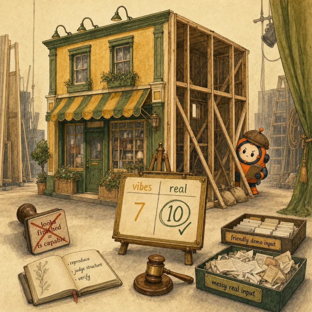 Loop the orange ACP mascot as a small inspector peeking behind a pretty stage-set storefront facade propped up by flimsy scaffolding, holding a judge's scorecard that reads real versus vibes.