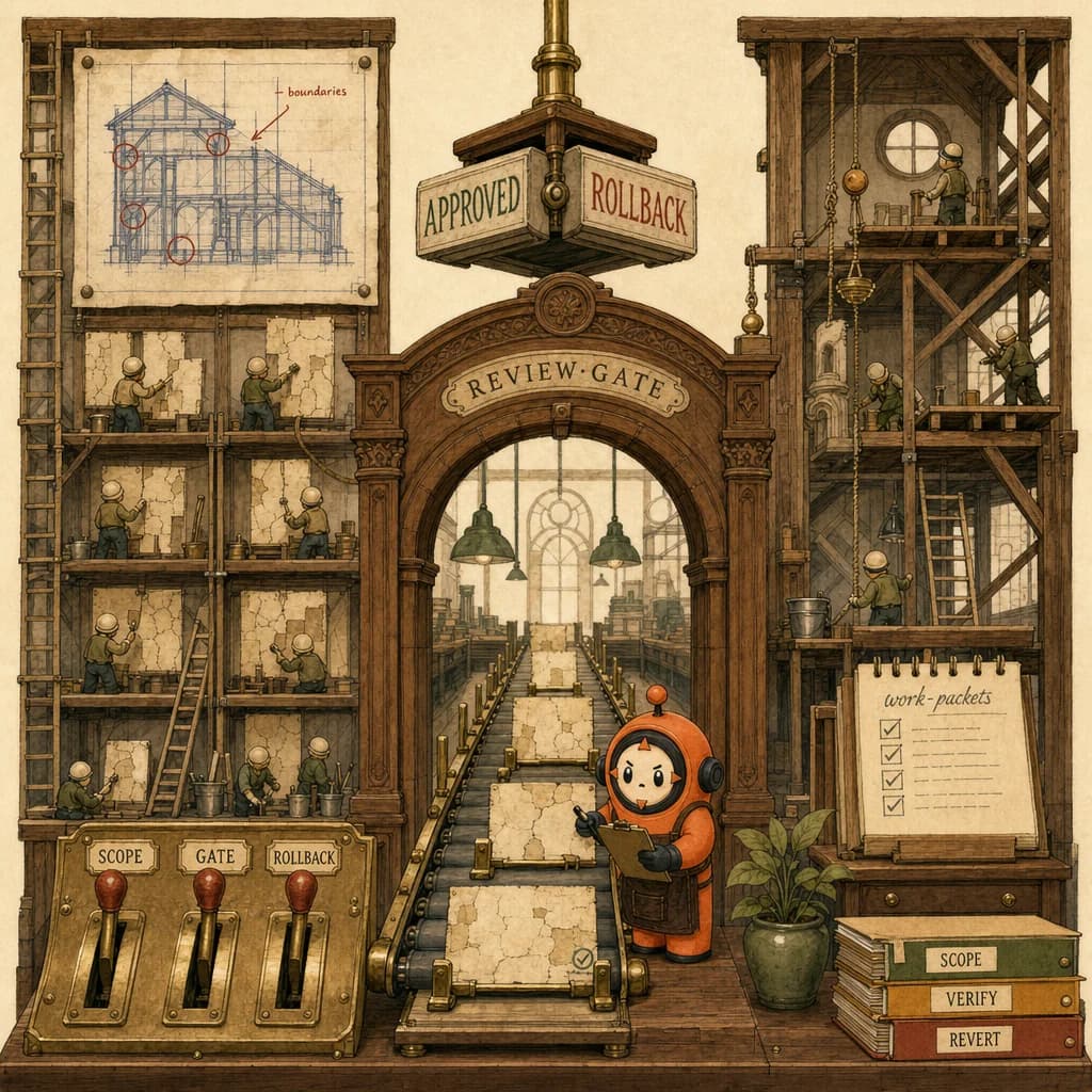 Loop the orange ACP mascot as an inspector at a walnut review-gate arch, approving repaired panels past a boundary blueprint and scope, gate, rollback levers, illustrating architectural governance of AI technical-debt cleanup.