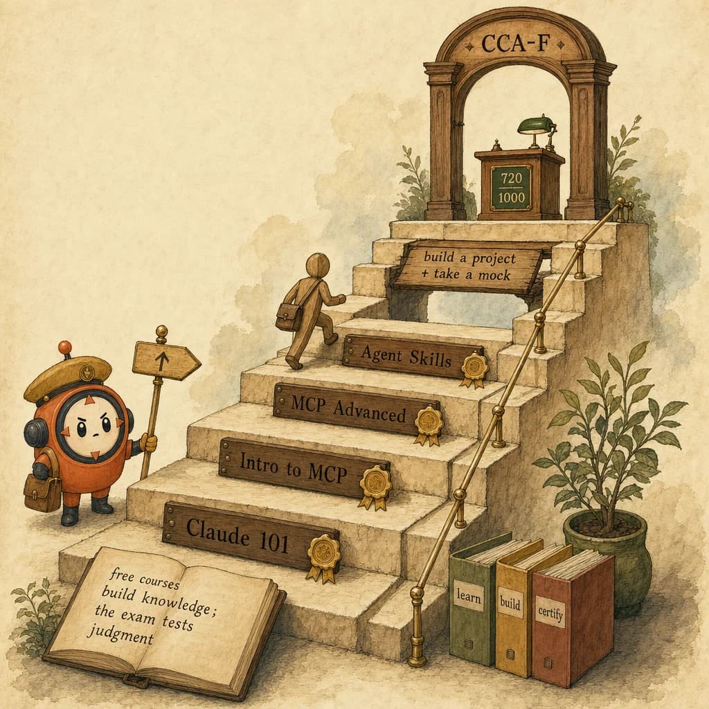 Loop the mascot as a guide on a rising parchment staircase: the lower steps are free Anthropic Academy course tiers and the summit is the Claude Certified Architect exam, illustrating the path from free courses to certification.