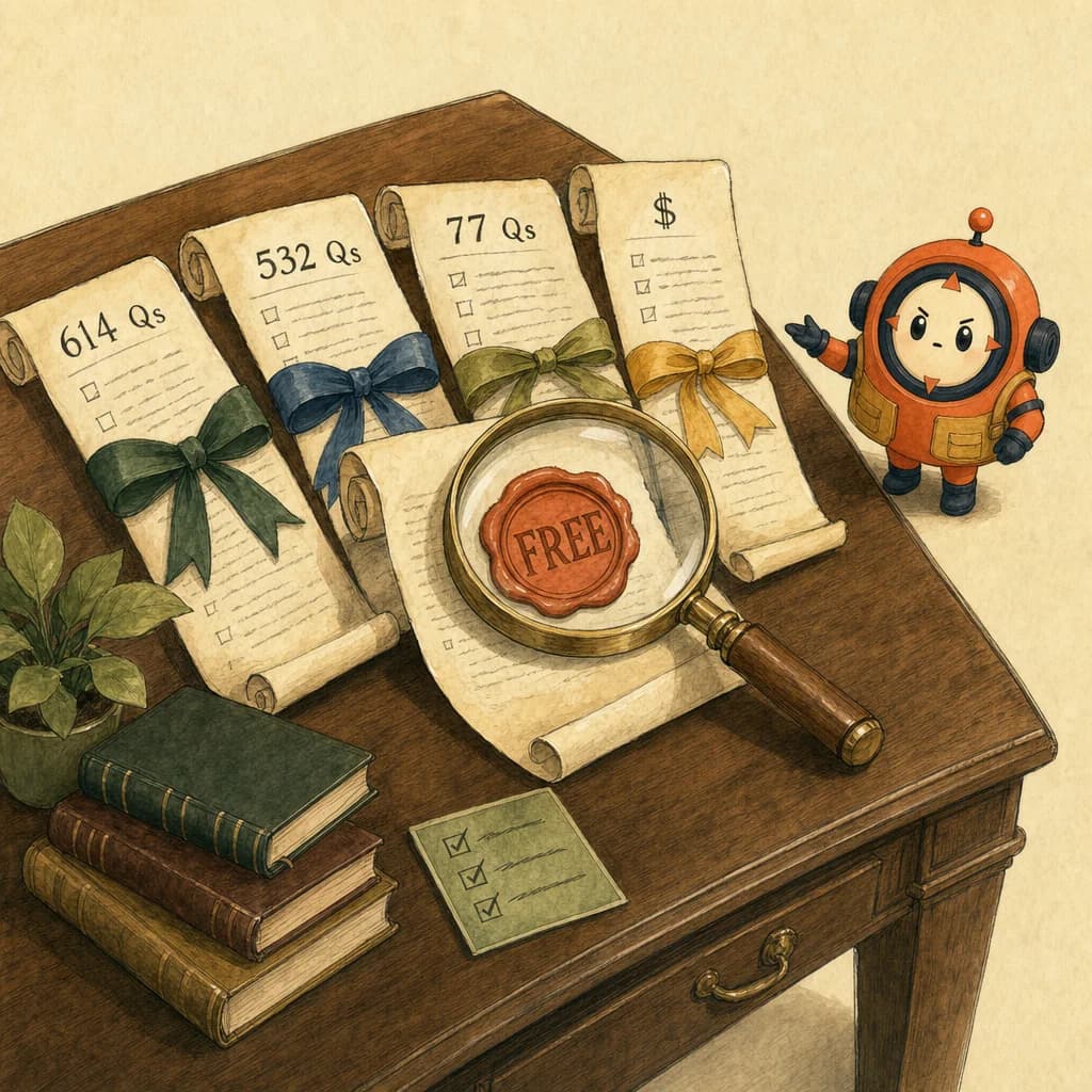 Loop the mascot as a small roadside guide beside a walnut research desk where several different exam-paper scrolls are fanned out for comparison, one stamped FREE in orange ink, with a magnifying glass resting over them.