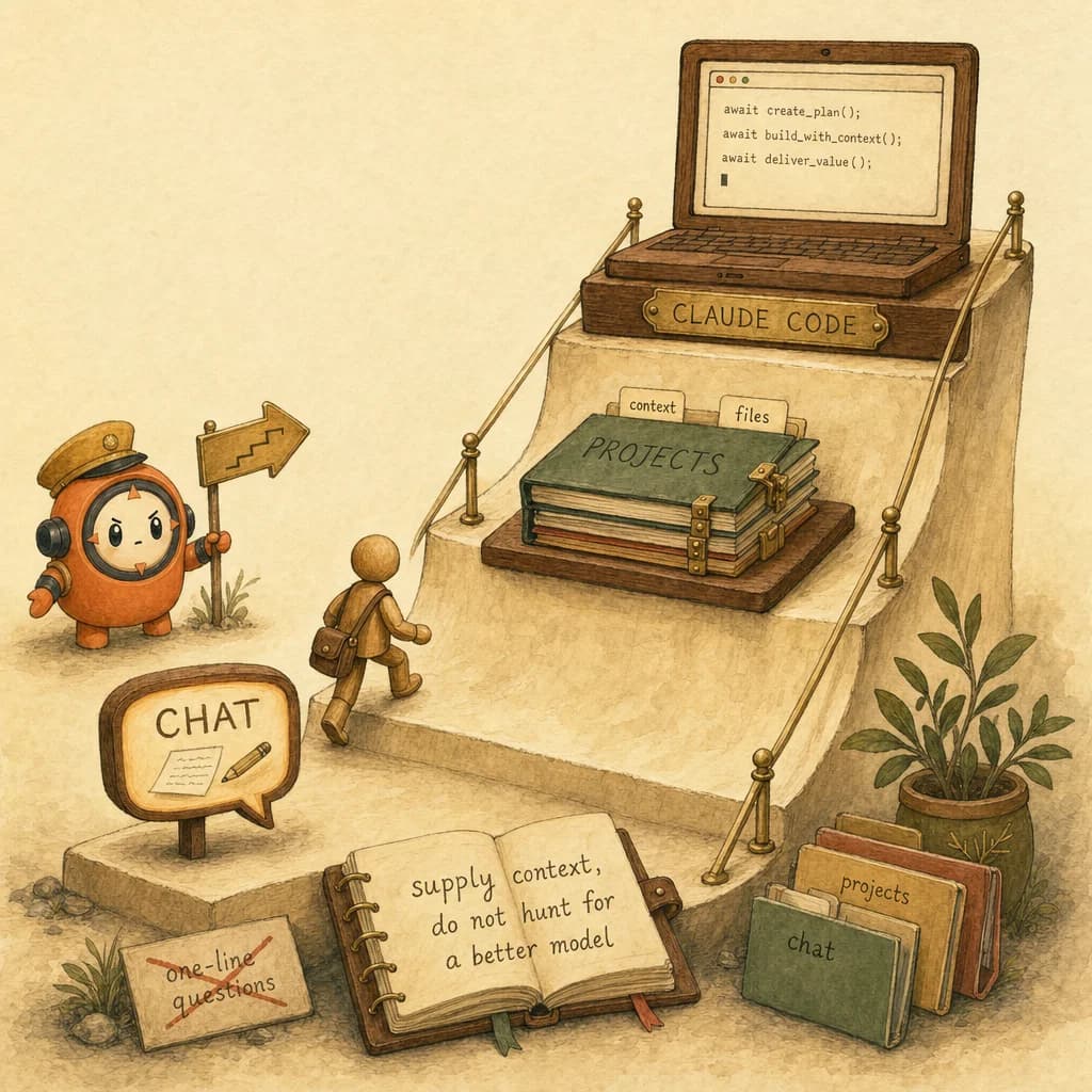 Loop the orange ACP mascot as a small roadside guide pointing a newcomer up a three-step parchment on-ramp: a glowing chat bubble, a stack of project folders, and an open laptop terminal, illustrating the Claude On-Ramp from chat to projects to Claude Code.