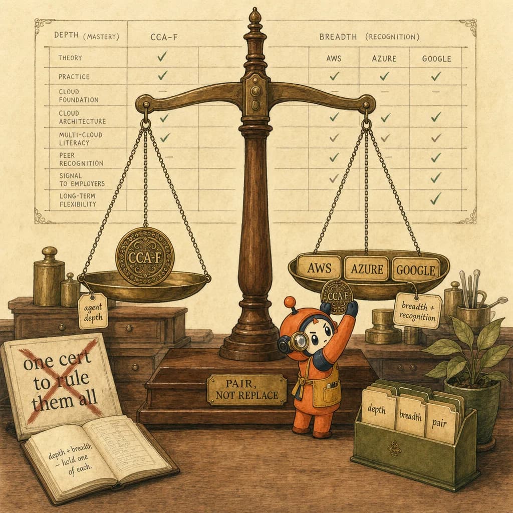 Loop the mascot as an assayer weighing a deep CCA-F medallion against three broad AWS, Azure, and Google cloud badges on a balance scale, under a Pair-Not-Replace plaque, illustrating that the certifications are complements, not substitutes.