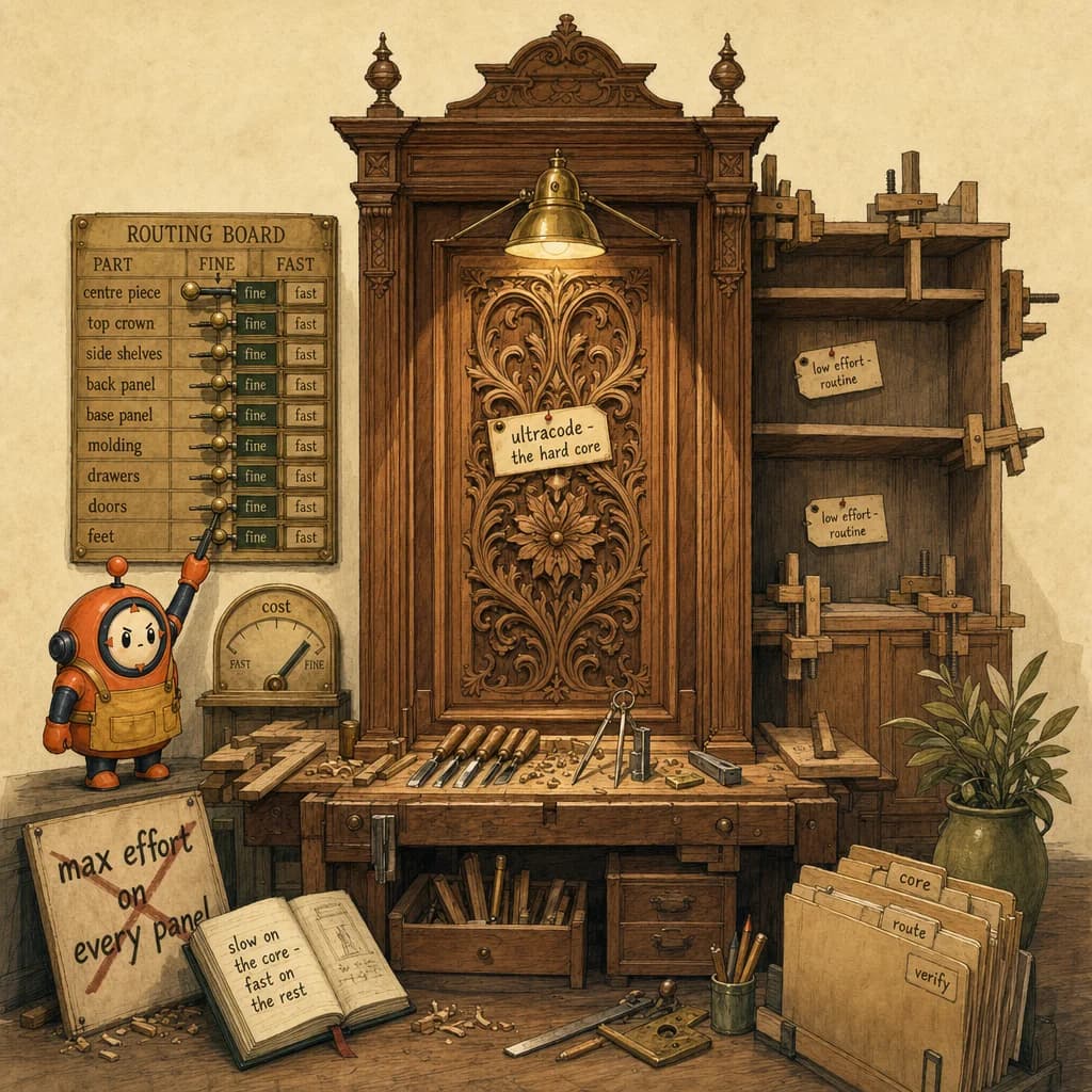 Loop the orange ACP mascot as a workshop foreman routing fine-detail work to a master bench and routine work to quick jigs while building one cabinet, illustrating effort routing.