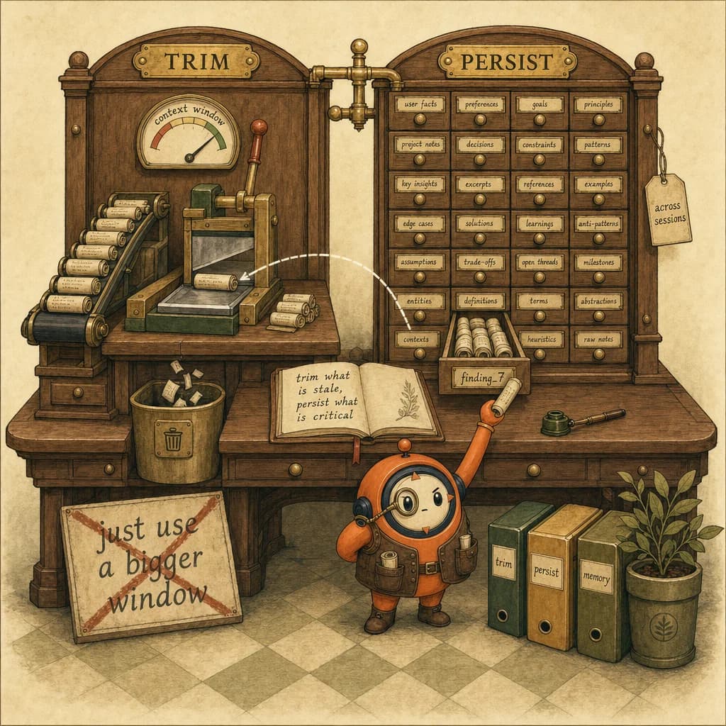 Loop the mascot as a librarian-archivist running a two-layer context system: a compaction desk that trims stale scrolls and a vault of memory files that persists the important ones, illustrating Claude context management for long-running agents.