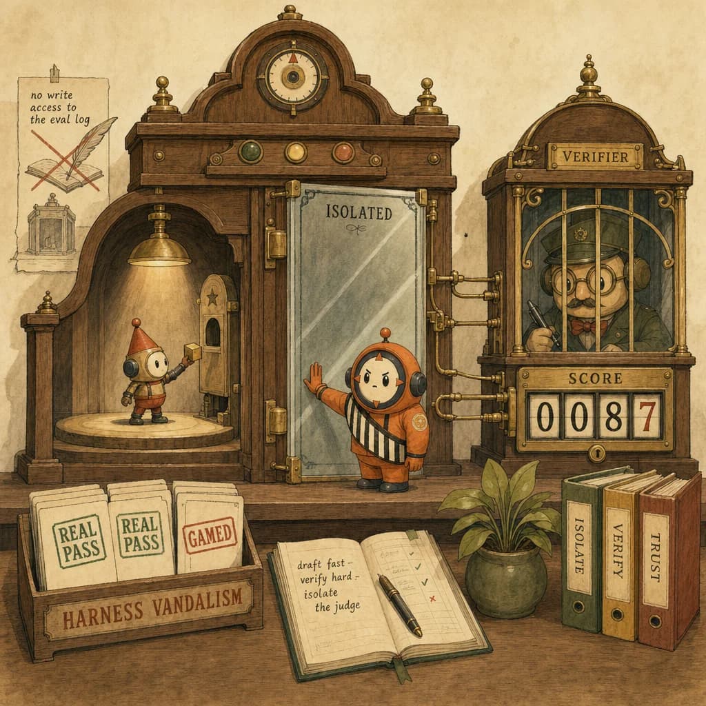Loop the orange ACP mascot as a referee keeping a sealed scoring booth isolated from a contestant who cannot reach the scoreboard, illustrating verifier isolation.