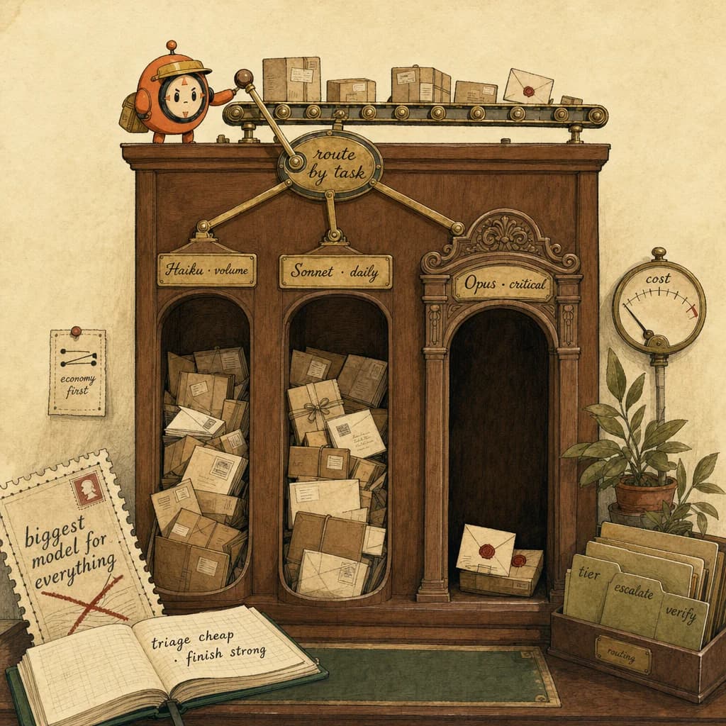 Loop the orange ACP mascot as a postmaster at a three-chute routing wall sorting parcels into Haiku, Sonnet, and Opus chutes by task, illustrating task-tier model routing.