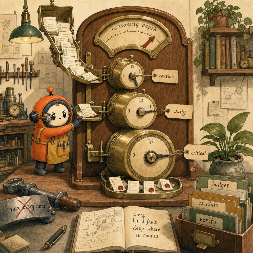 Loop the orange ACP mascot as a clockmaker setting different winding amounts on three task dials, illustrating allocating reasoning depth by task difficulty.