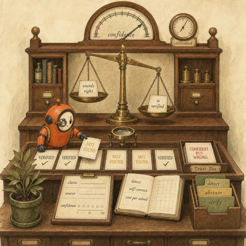 Loop the orange ACP mascot as an assayer at a verification bench with a balance scale weighing sounds-right against is-verified, placing a NOT FOUND card in the verified row, illustrating honesty as an evaluation metric.