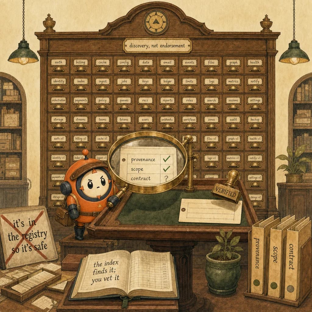Loop the mascot as a registrar in a vast card-catalog hall of MCP server cards, holding a loupe over one card stamped verified while others wait unvetted, illustrating how to discover and vet Claude MCP servers in the MCP Registry.