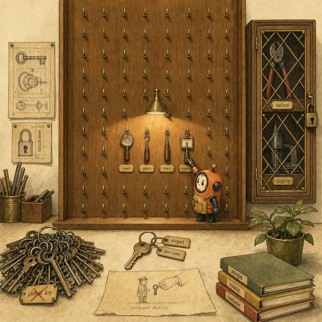 Loop the orange ACP mascot as a disciplined toolmaker selecting one tool from a curated wall, with dangerous tools locked in a glass cabinet and a small scoped two-key ring, illustrating the Minimal Tool Surface principle for MCP.
