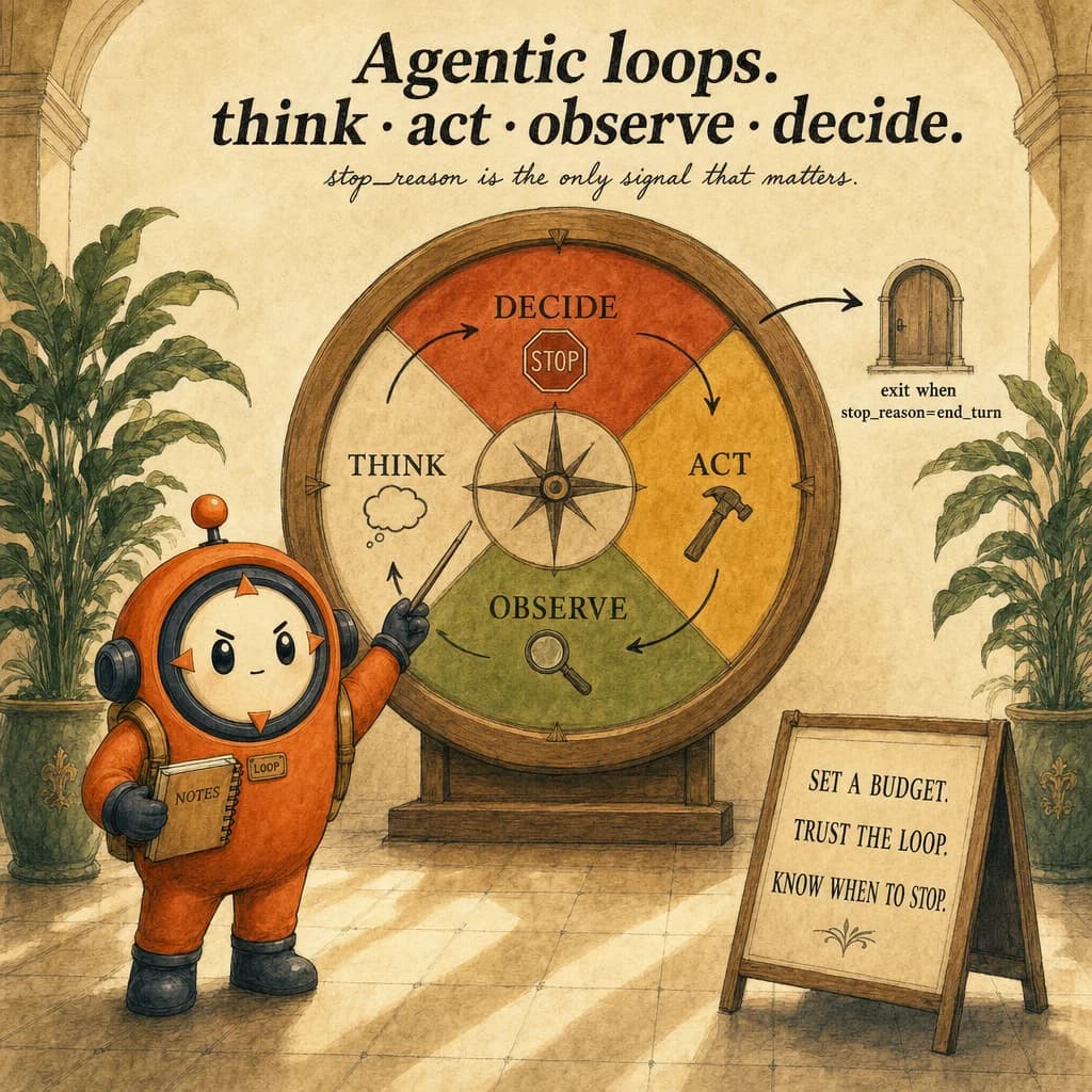Agentic Loops, hero illustration featuring Loop mascot in a warm gallery scene.
