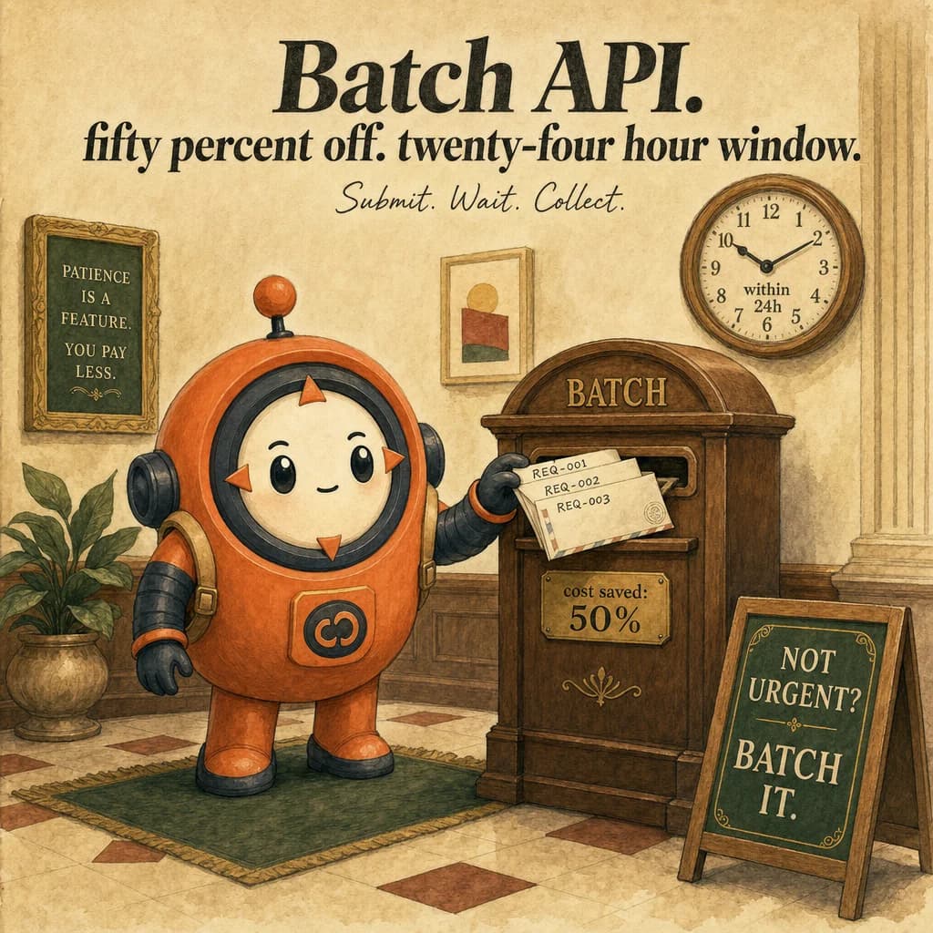 Batch API, hero illustration featuring Loop mascot in a warm gallery scene.