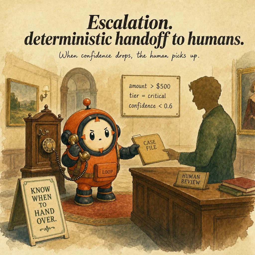 Human-in-the-Loop Escalation, hero illustration featuring Loop mascot in a warm gallery scene.