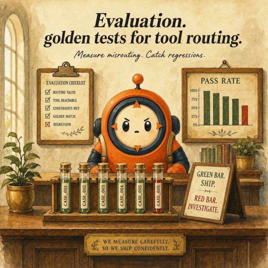 Tool Evaluation & Testing, hero illustration featuring Loop mascot in a warm gallery scene.