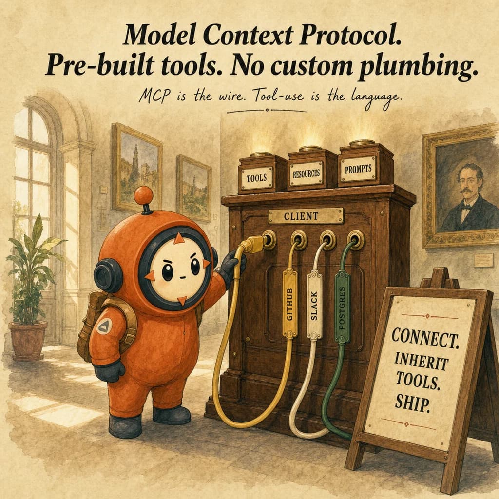 Model Context Protocol, hero illustration featuring Loop mascot in a warm gallery scene.
