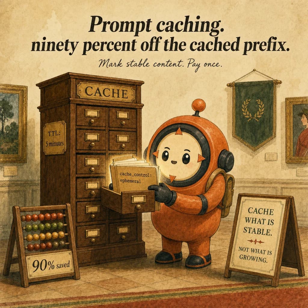 Prompt Caching, hero illustration featuring Loop mascot in a warm gallery scene.
