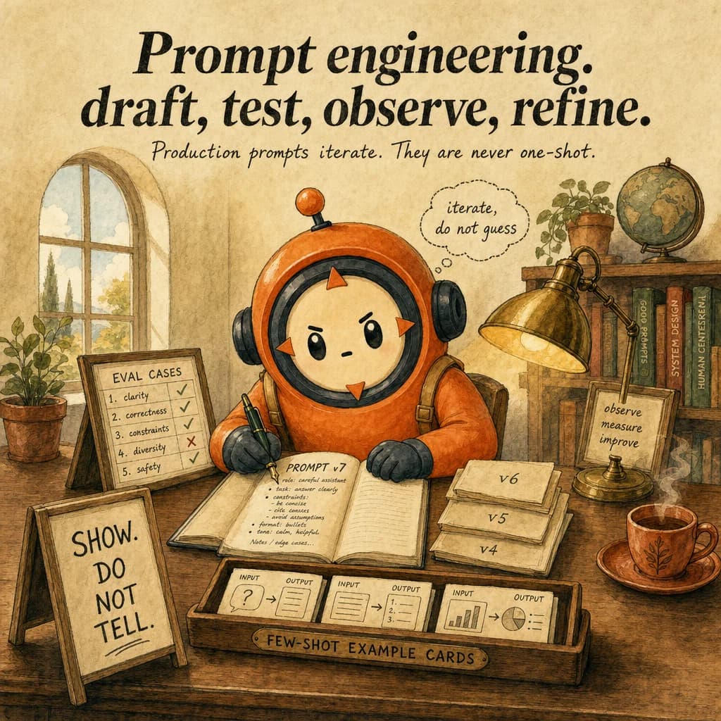 Prompt Engineering Techniques, hero illustration featuring Loop mascot in a warm gallery scene.