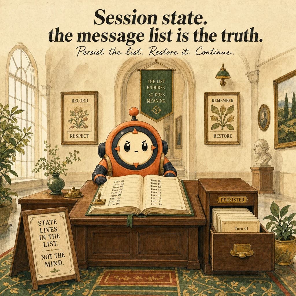 Session State & Persistence, hero illustration featuring Loop mascot in a warm gallery scene.