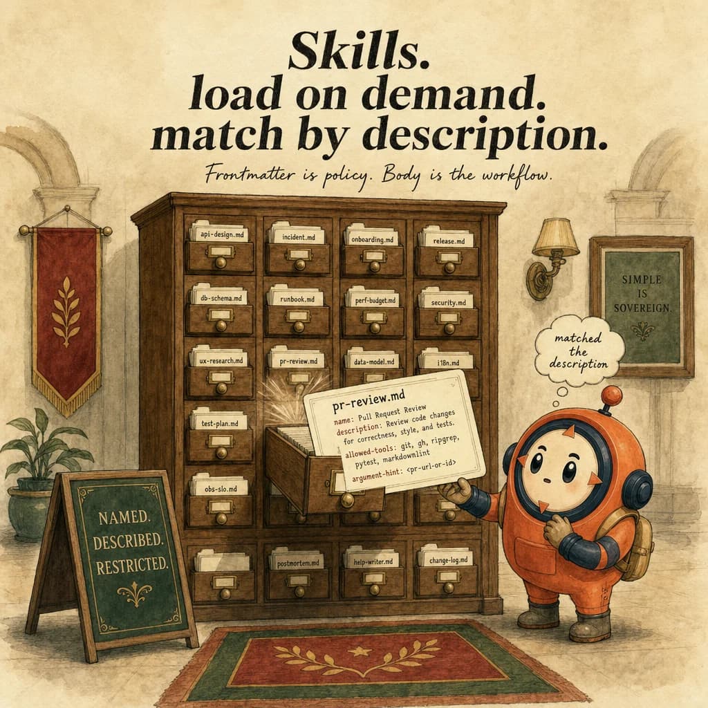 Skills, hero illustration featuring Loop mascot in a warm gallery scene.