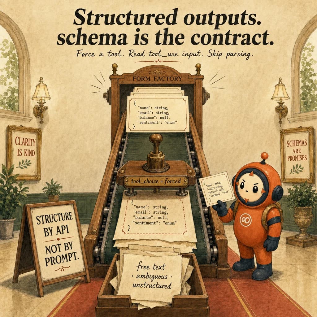 Structured Outputs, hero illustration featuring Loop mascot in a warm gallery scene.