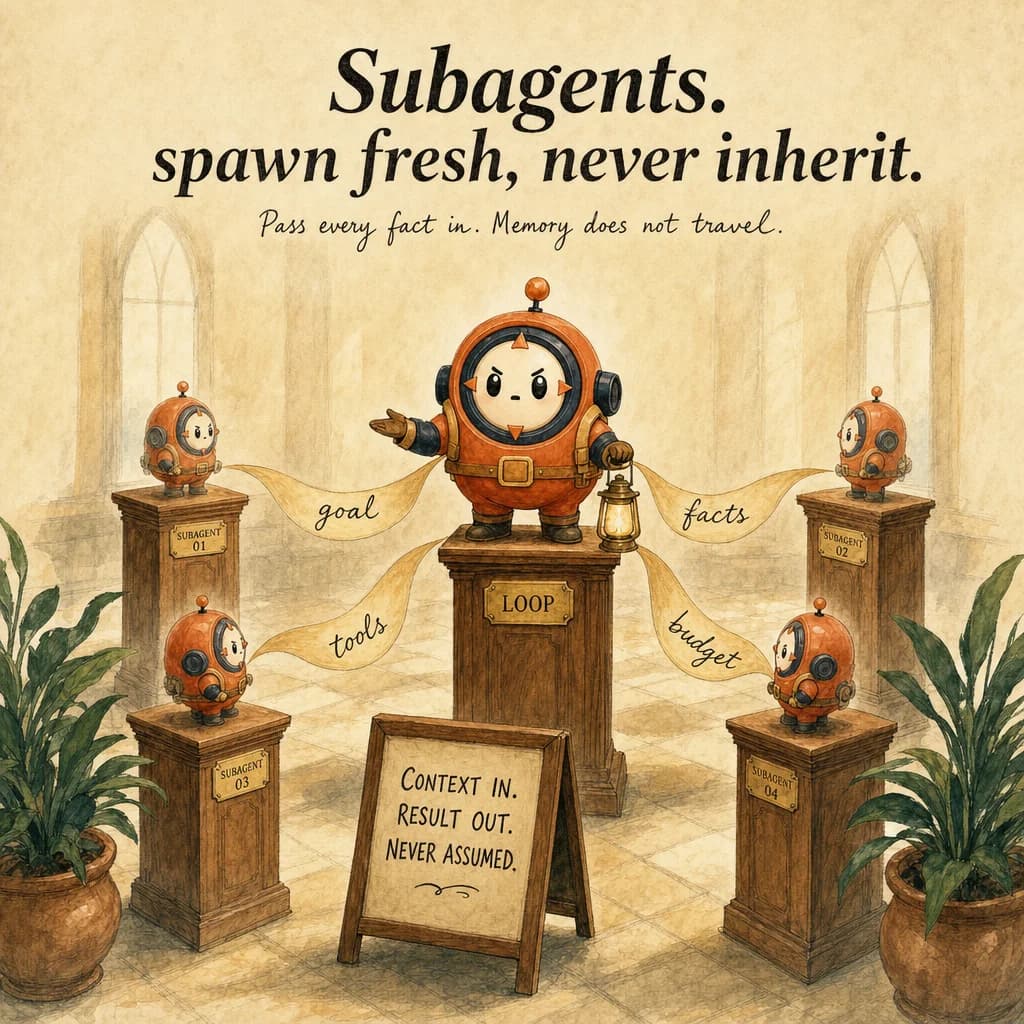 Subagents, hero illustration featuring Loop mascot in a warm gallery scene.