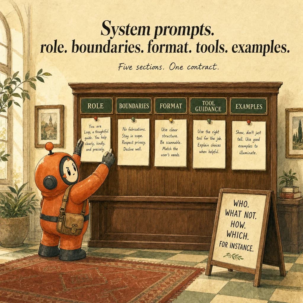 System Prompts & Instructions, hero illustration featuring Loop mascot in a warm gallery scene.