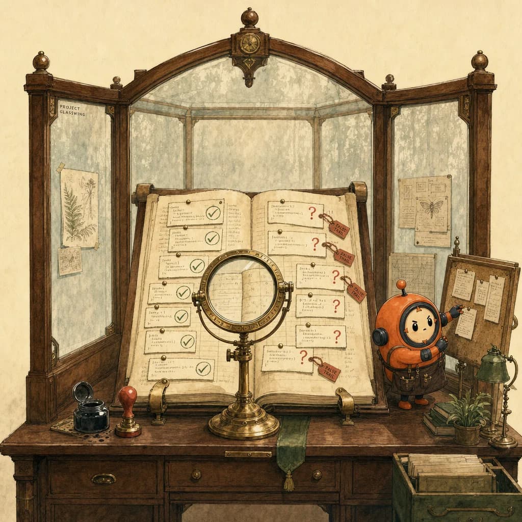 Painterly scriptorium examination booth with parchment specimen-cards pinned to a corkboard - some bear forest-green ✓ stamps, others brick-red ? marks tagged FALSE TRAIL. A brass magnifying loupe sits on a wide parchment ledger; Loop the mascot in a walnut inspector's apron pins the next specimen.