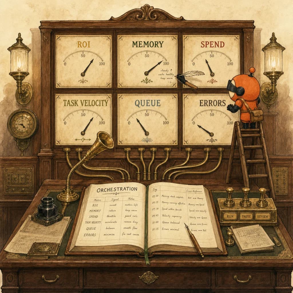 Painterly Edwardian wood-panelled control room. A wall of parchment gauge-cards labelled ROI, MEMORY, SPEND, TASK VELOCITY, QUEUE, ERRORS connect via looping brass cables to a central walnut command desk holding an open ledger titled ORCHESTRATION. Loop in a clerk's eye-shade annotates the MEMORY gauge with an ink quill.