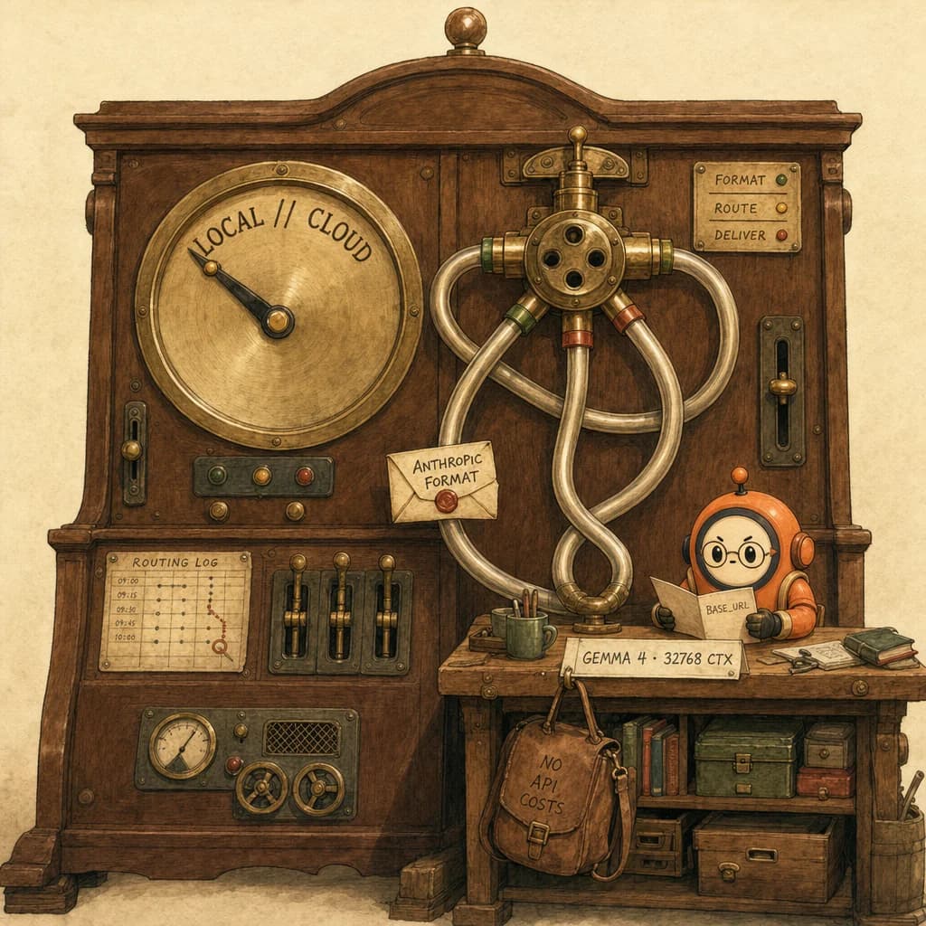 Painterly walnut signal-routing console with brass pneumatic tubes curving inward back to a workshop bench. A hand-painted brass dial reads LOCAL // CLOUD with the needle locked to LOCAL. Loop in wire-rim glasses reads a BASE_URL instruction card at the workbench.