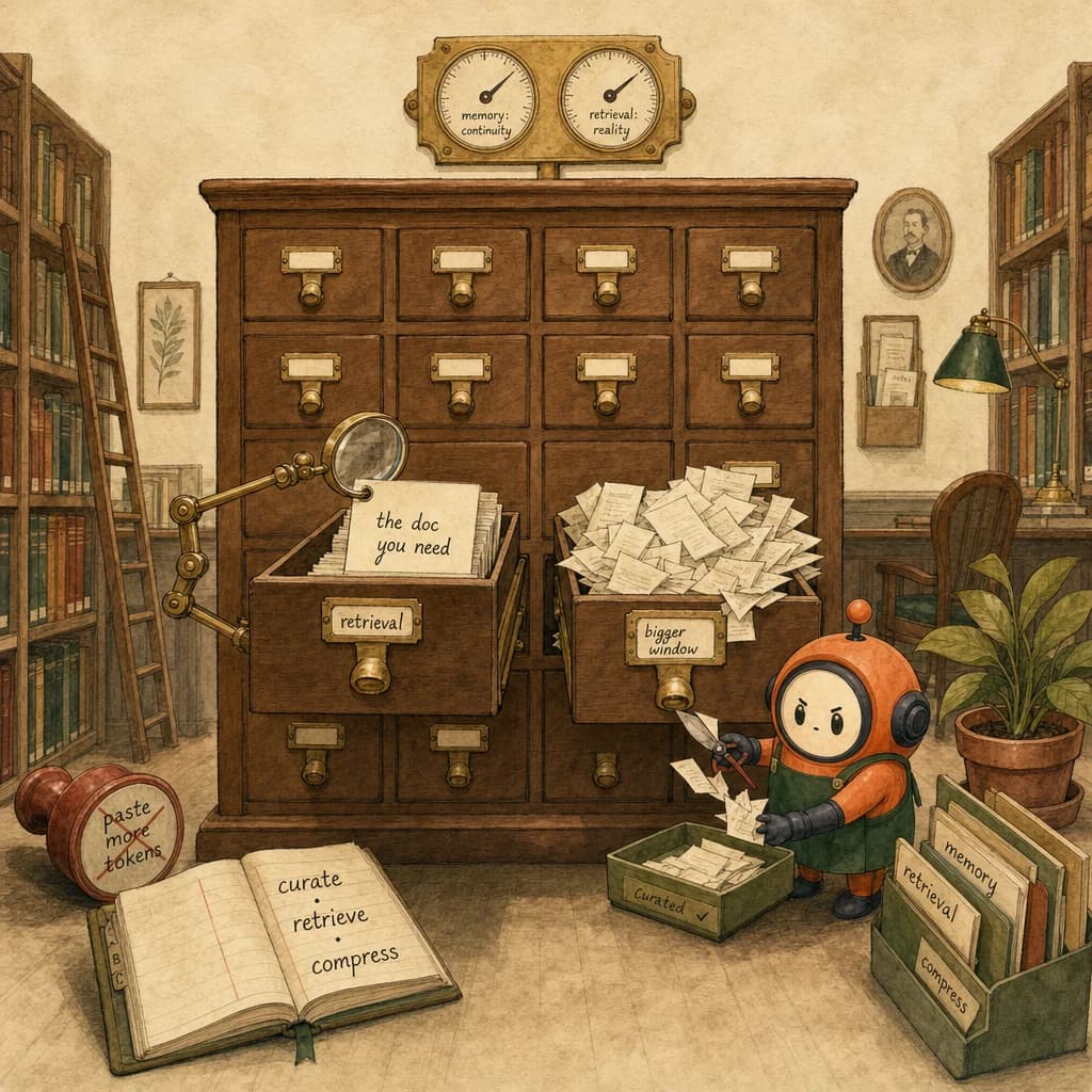 Loop the orange ACP mascot as a small librarian pruning an overflowing paper hoard while a magnifier pulls the one right card from a tidy curated card catalog beside it.