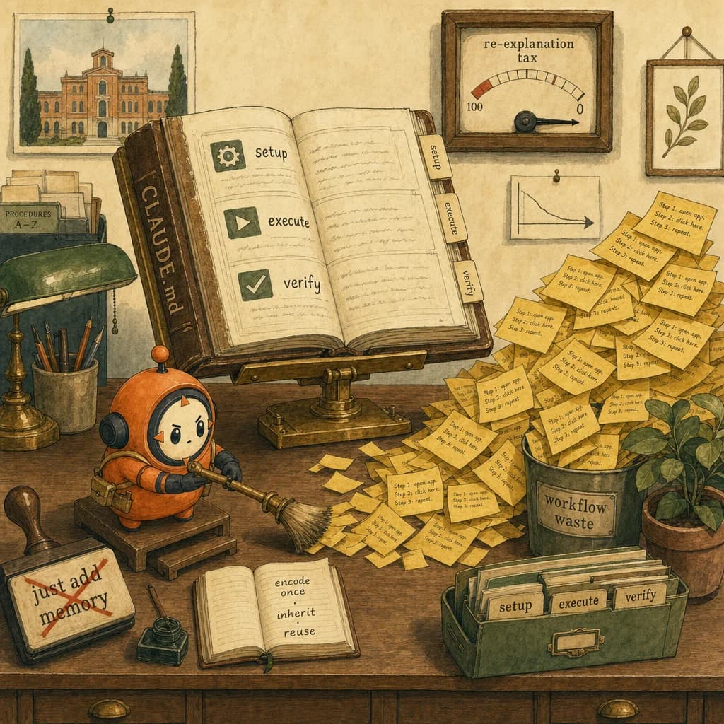 Loop the orange ACP mascot as a small archivist filing one worn canonical runbook on a workbench, beside a chaotic pile of repeated sticky-note instructions being cleared away.