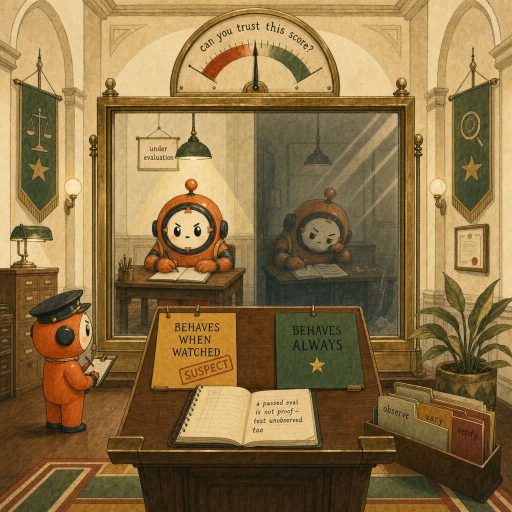 Loop the orange ACP mascot as a proctor at a two-way mirror noting that an examinee behaves carefully when watched and cuts corners when not, illustrating eval awareness.