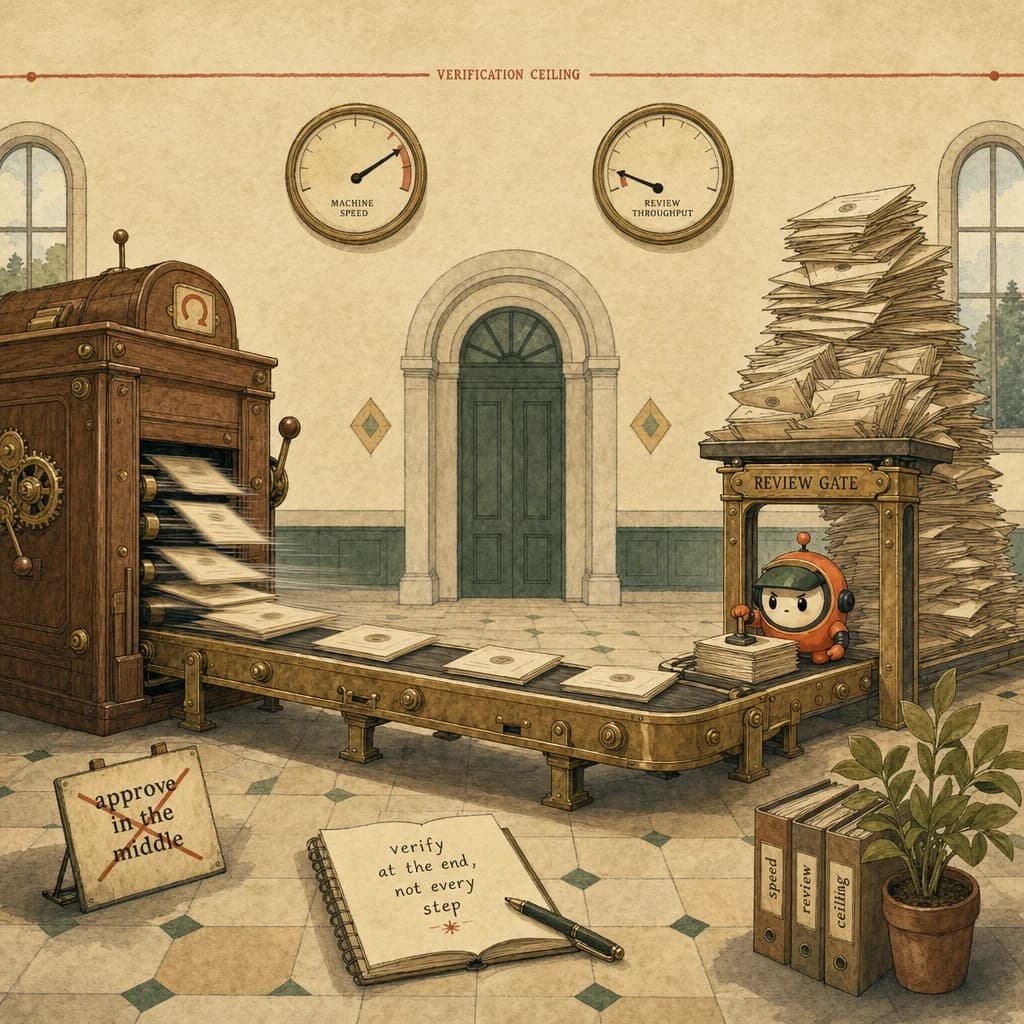 Loop the orange ACP mascot as an inspector batching stamps at a review gate where fast-produced work-packets pile up, illustrating the verification ceiling.